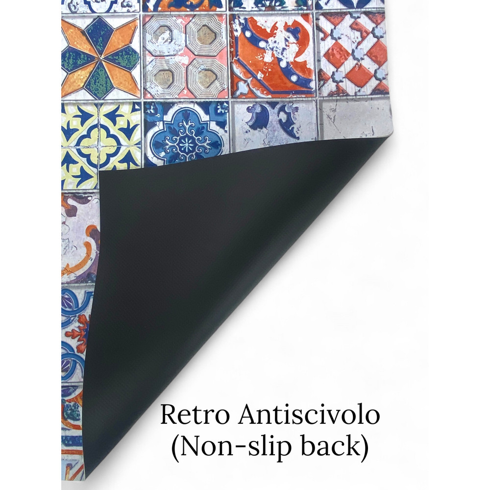 Tappeto Runner Maiolica Vintage Antiscivolo – Passatoia Cucina Colorata PVC Lavabile – Made in Italy, Facile da Pulire