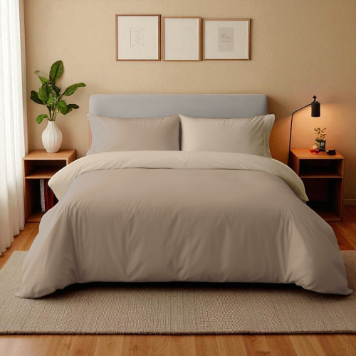 Housse de couette Duotto 4 saisons - Double face noisette et taupe, microfibre respirante, certifiée Oeko-Tex, fabriquée en Ital