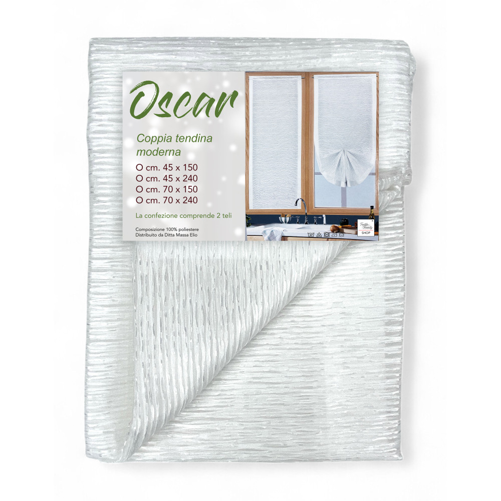 Par de cortinas de cristal Oscar White, diseño moderno y semitransparente Par de cortinas de cristal Oscar White, diseño moderno y semitransparente