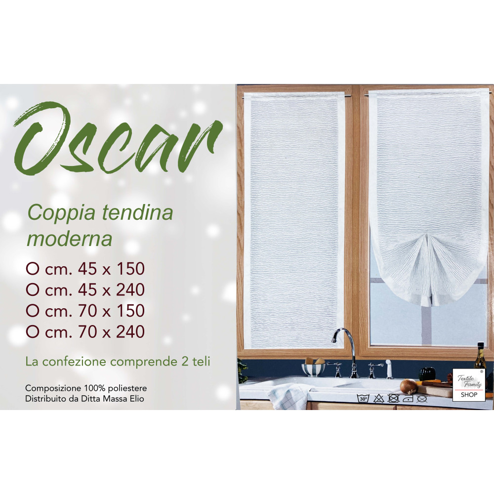 Coppia Tenda Vetro Oscar Bianco – Moderna Semitrasparente in Poliestere Rigato – 2 Teli Eleganti, Lavabile, Pronta all'Uso