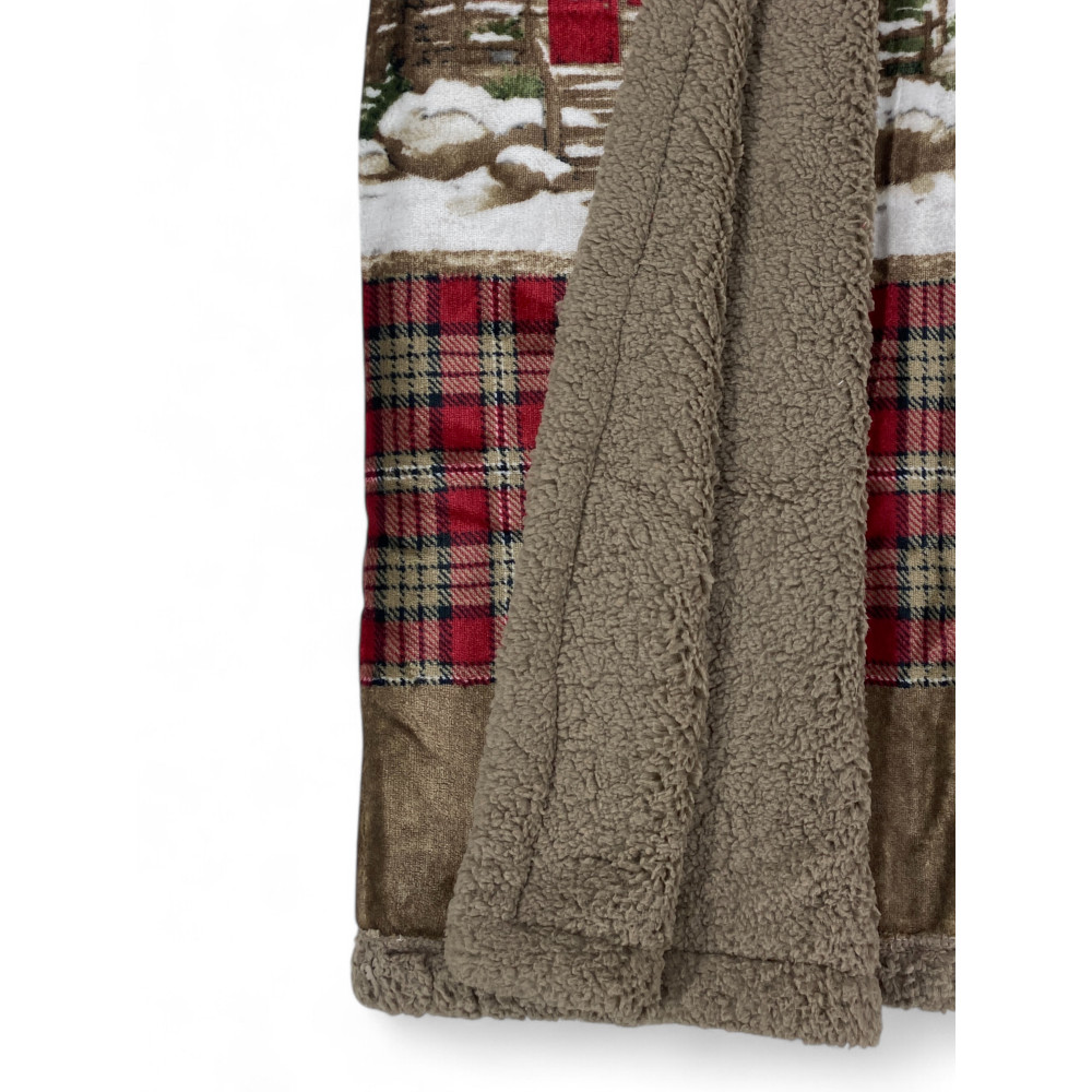 Plaid Sherpa Chalet – Coperta Invernale Morbida in Pile Agnellato Stile Tirolese – Stampa Cervi e Montagna, Retro Tortora