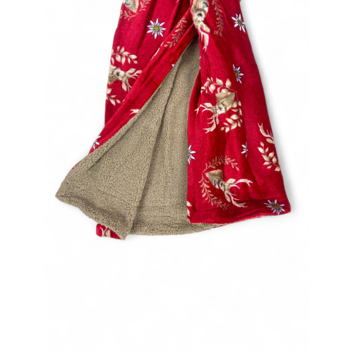 Plaid Sherpa Cervi Rosso – Coperta in Pile Agnellato Morbido Stile Tirolese – Retro Tortora, Stampa Cervo e Stelle Alpine