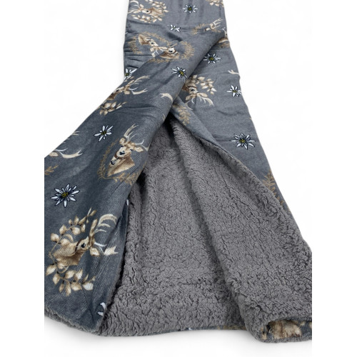 Grey Deer Sherpa Plaid – Soft Fleece Blanket with Lambskin Back – Tyrolean Style, Deer and Edelweiss Print
