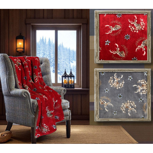 Comparación de mantas Cervi Grey y Red en muebles de chalet de invierno