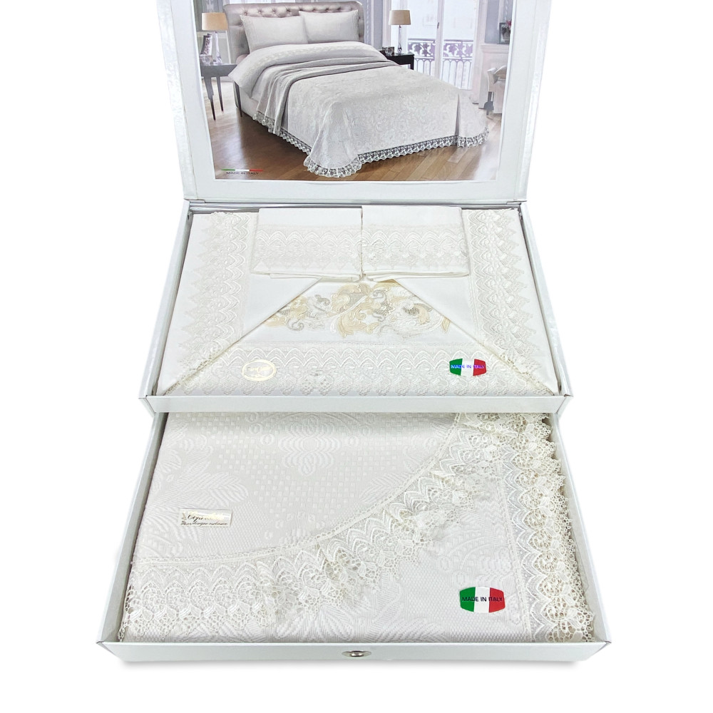 Bauletto Aurora – Set letto matrimoniale con lenzuola in puro cotone e copriletto rifinito pizzo macramè