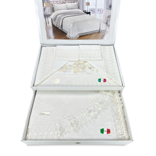 Bauletto Aurora – Completo Lenzuola Matrimoniali Puro Cotone & Copriletto con Pizzo Macramè Intarsiato – Made in Italy