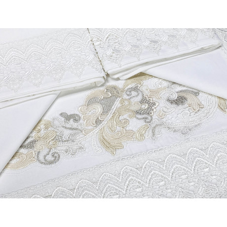 Bauletto Aurora – Set letto matrimoniale con lenzuola in puro cotone e copriletto rifinito pizzo macramè