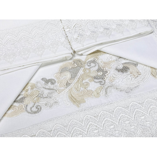 Bauletto Aurora – Completo Lenzuola Matrimoniali Puro Cotone & Copriletto con Pizzo Macramè Intarsiato – Made in Italy