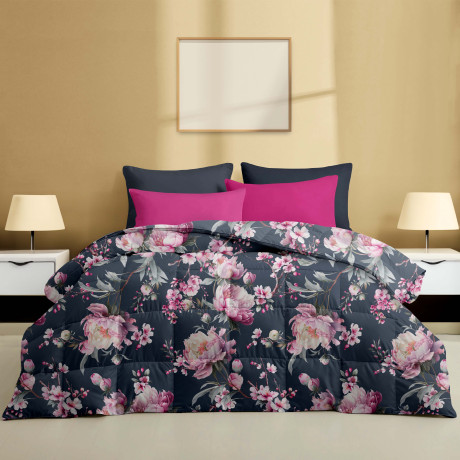 Edredón Doble de Invierno Stream 500 gr - Chaqueta de Plumas 80% Plumas 20% Plumón - Floral Rosa Azul Medianoche