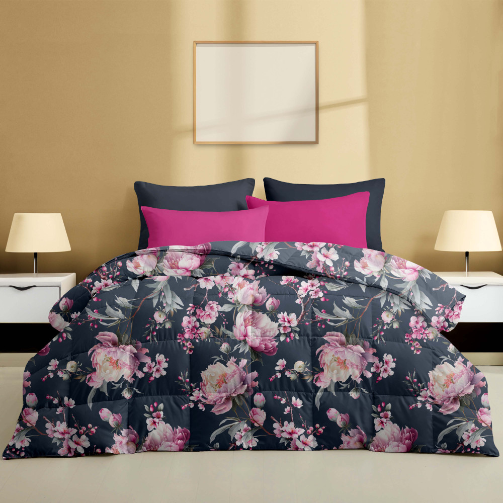 Winter Doppelbettdecke Stream 500 gr - Daunenjacke 80% Federn 20% Daunenjacke - Floral Pink Midnight Blue