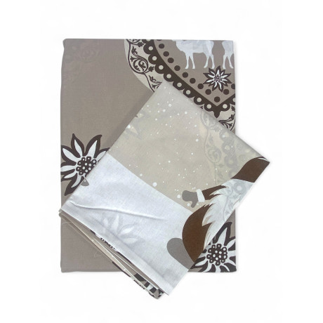 Housse de couette tyrolienne beige avec lutins - 100 % coton, motif d’hiver alpin, douce et respirante