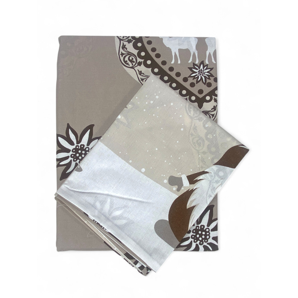 Housse de couette tyrolienne beige avec lutins - 100 % coton, motif d’hiver alpin, douce et respirante