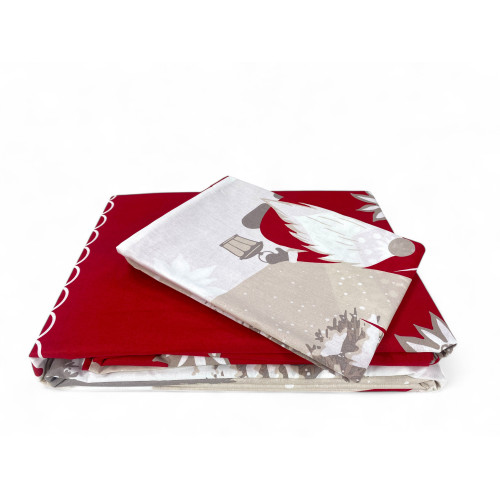 Copripiumino natalizio rosso - dettaglio stampa con folletti e cuori decorativi