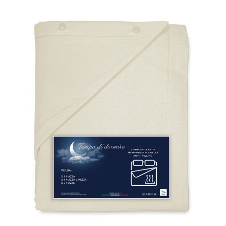 Cream Solid Flannel Winter Sheet Set – 100% Cotton Fleece, Anti-Pilling, Warm & Soft, Made in Italy