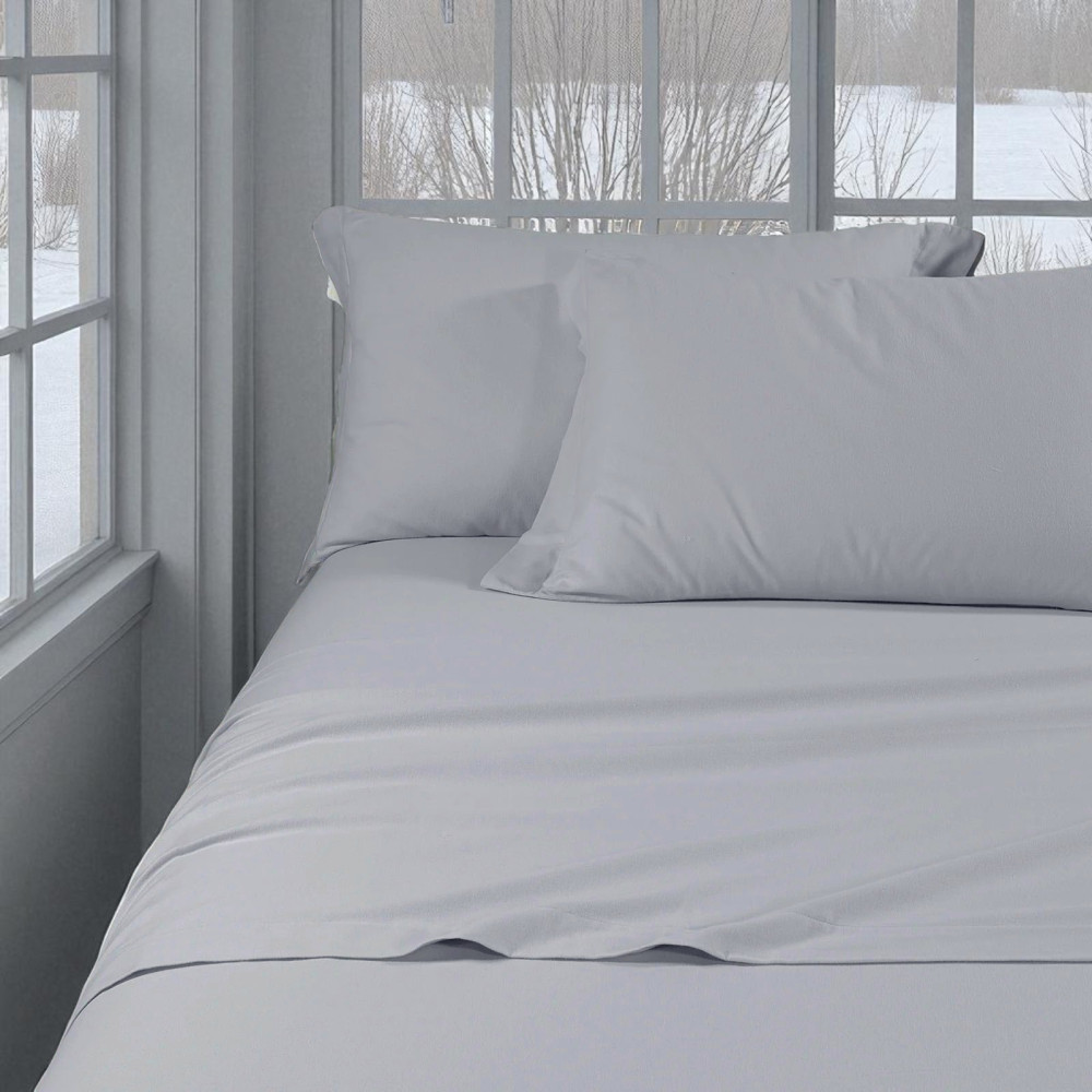 Ensemble de draps d’hiver en flanelle grise unie – 100 % molleton de coton, anti-boulochage, chaud et doux, fabriqué en Italie