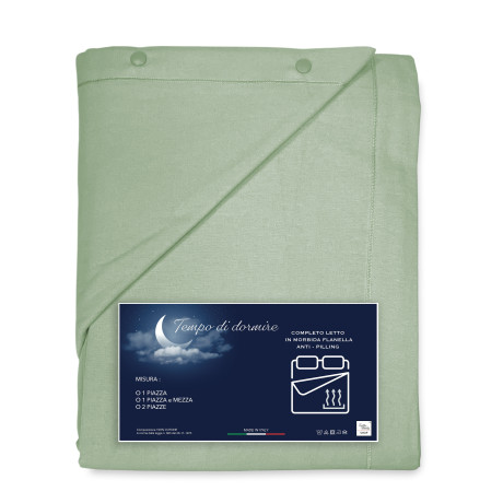 Solid green flannel winter sheet set – 100% cotton fleece, anti-pilling, warm & soft, made in Italy