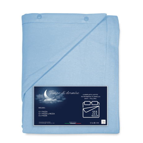 Completo lenzuolo flanella azzurro tinta unita – 100% cotone caldo e morbido