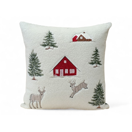 Funda de cojín decorativa 40x40 cm en vellón de piel de cordero blanca con ciervo y casa de estilo tirolés