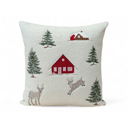 Federa Cuscino Arredo Tirolese con Cervo e Casina - Pile Agnellato Bianco Invernale 40x40 cm - Made in Italy
