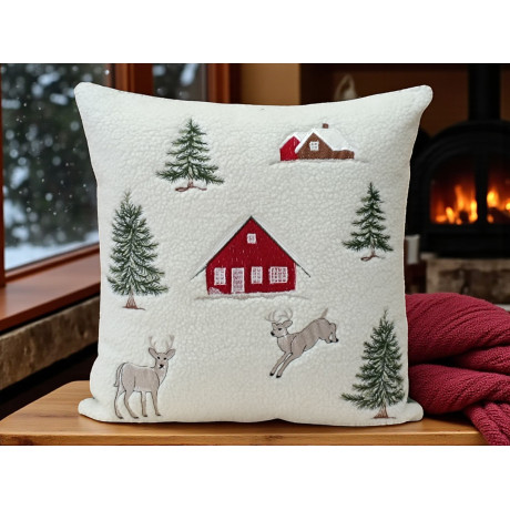 Funda de cojín decorativa 40x40 cm en vellón de piel de cordero blanca con ciervo y casa de estilo tirolés