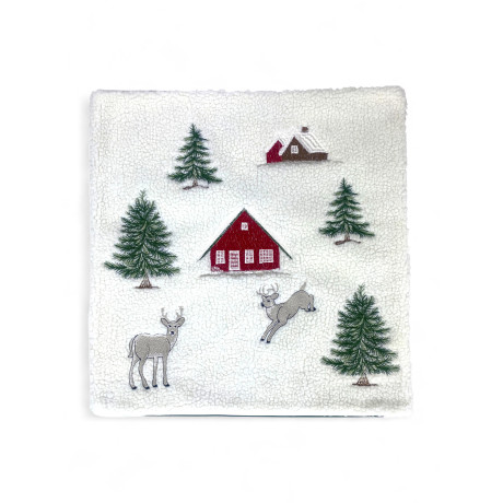 Decorative cushion cover 40x40 cm in white lambskin fleece with deer and Tyrolean-style house