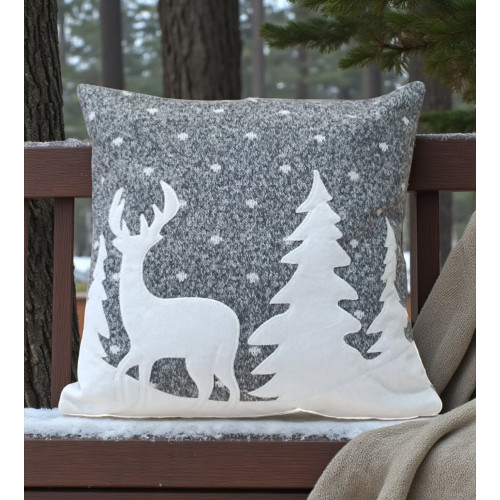 Housse de coussin d’hiver Cerf et neige 40x40 cm - Style tyrolien Blanc Gris - Fabriqué en Italie