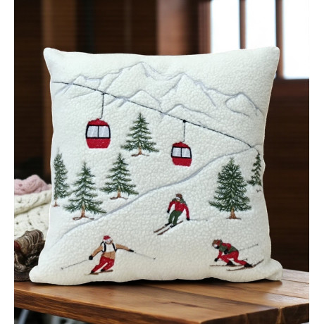 Lambskin fleece cushion cover with alpine scene skiers and snowy mountains