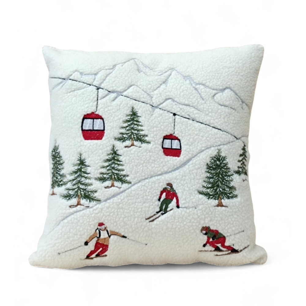 Federa cuscino arredo invernale 40x40 cm con sciatori e cabinovia rossa in stile tirolese Federa cuscino arredo invernale 40x40 cm con sciatori e cabinovia rossa in stile tirolese