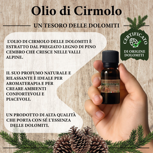 Dolomiten Zirbenöl – Natürliche Zirbe für die Aromatherapie, Diffusatoren und Kissen aus Zirbe – Made in Italy