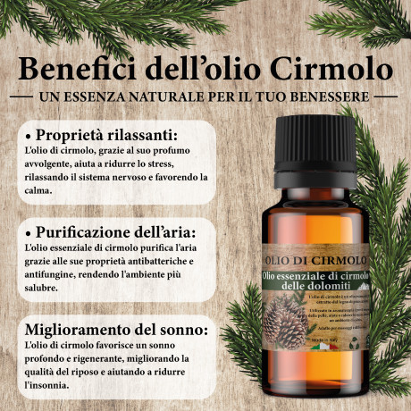 Huile essentielle de pin cembro des Dolomites – Pin cembro pur et naturel – Fabriqué en Italie, certificat d’origine