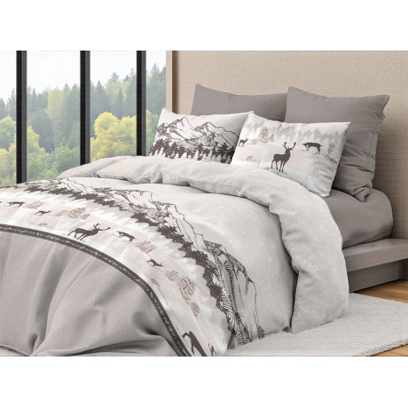 Deer Duvet Cover Grey Alps - Winter Set 100% Cotton - Mountain Style, Soft and Breathable