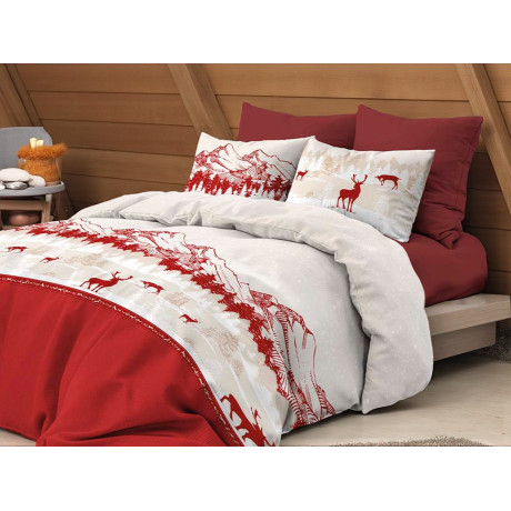 Housse de couette Red Deer - Parure de lit d’hiver 100 % coton - Motif montagne avec cerf