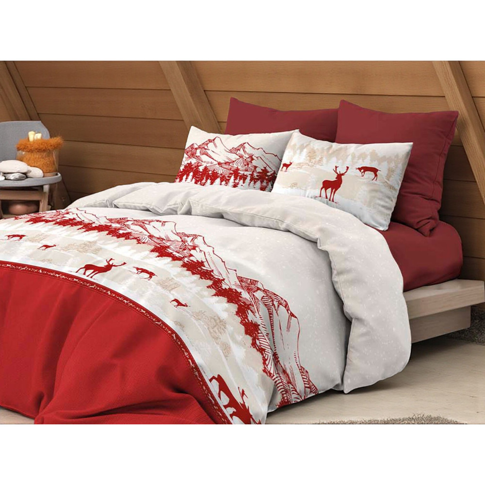 Copripiumino Cervo Alpi Rosso - Set letto invernale 100% cotone - Fantasia montagna con cervi Copripiumino Cervo Alpi Rosso - Set letto invernale 100% cotone - Fantasia montagna con cervi