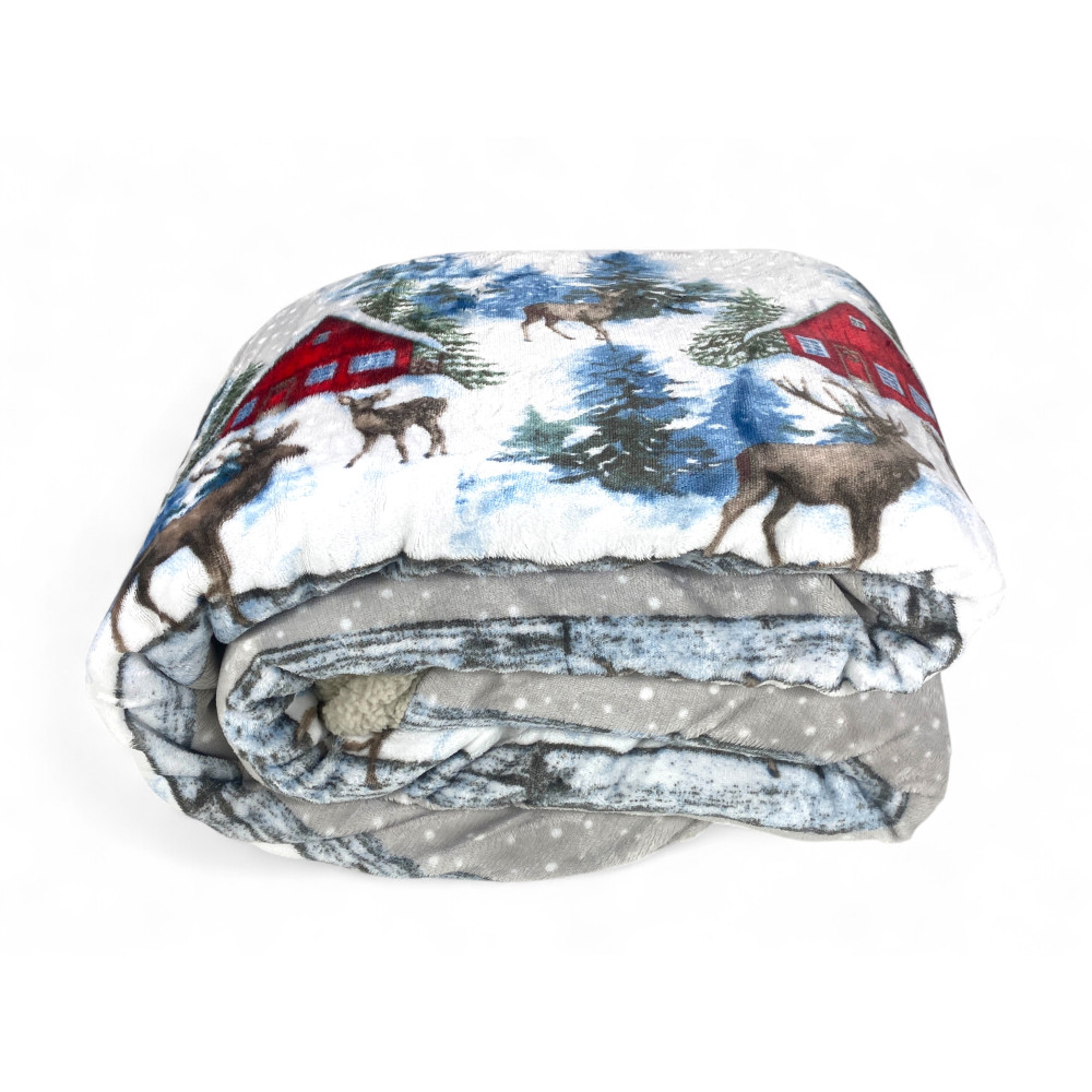 Plaid Sherpa Baita Alpina - Coperta Invernale Morbida Pile con Retro Agnellato - Cervi e Baite Innevate