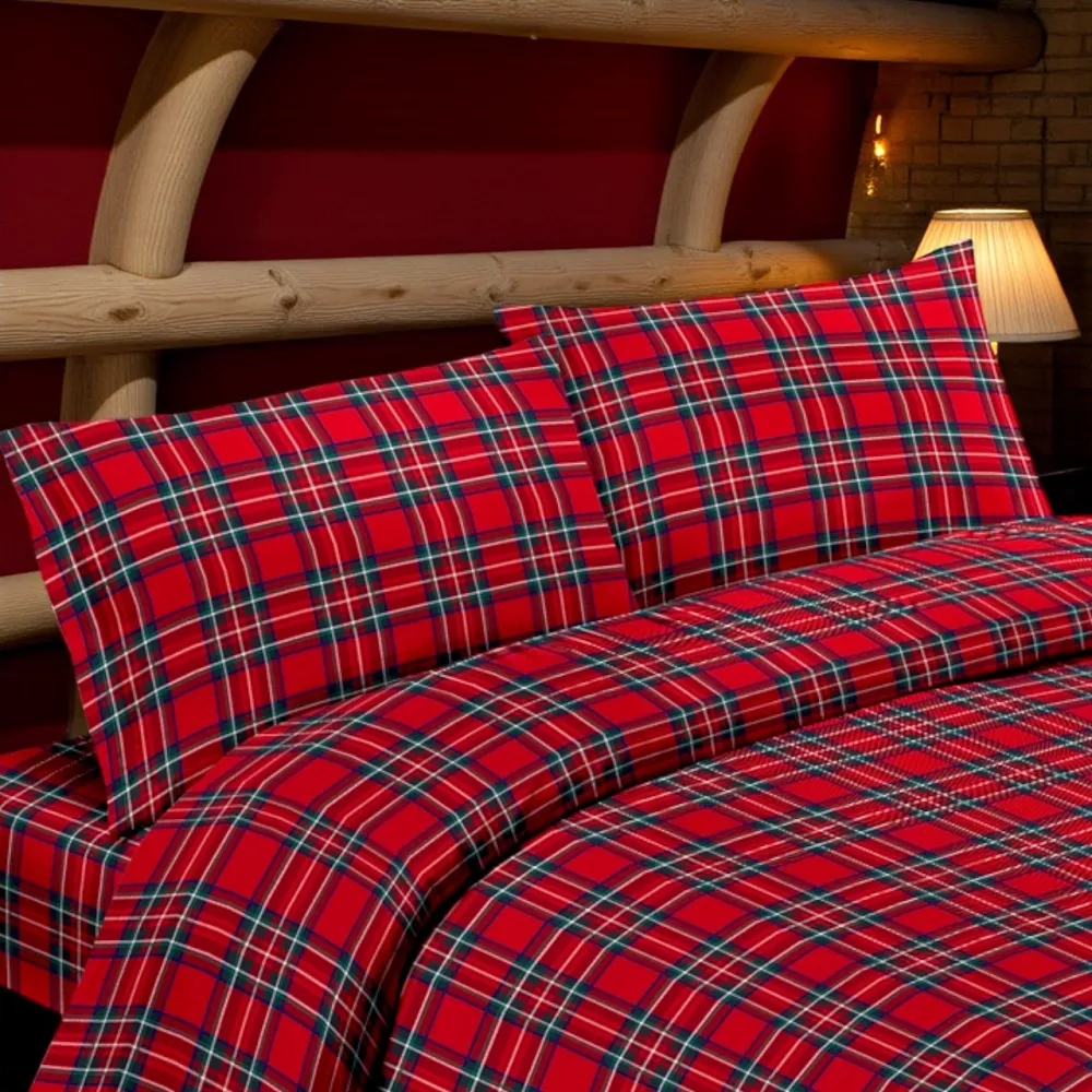 Red Tartan Flannel Sheets Set - 100% Cotton Fleece - Winter Warmth Made in Italy