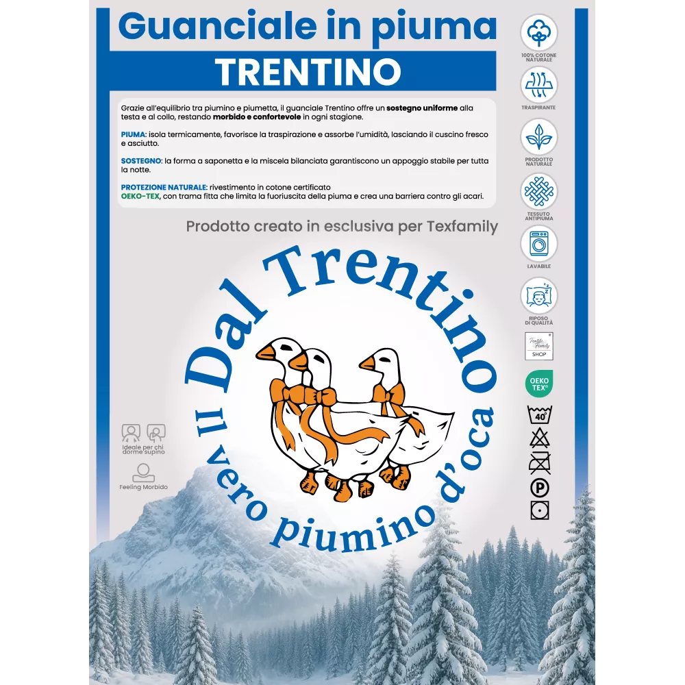 Cuscino in Piuma d'Oca 50x80 Trentino - Guanciale Letto Morbido Cotone Twill Anallergico