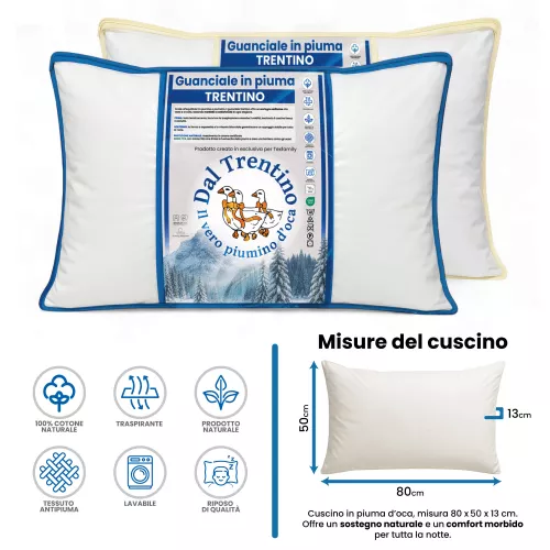 Coussin de lit double en duvet d’oie 50x80 cm | Oreiller ergonomique, respirant et hypoallergénique | Plumes de l’auteur