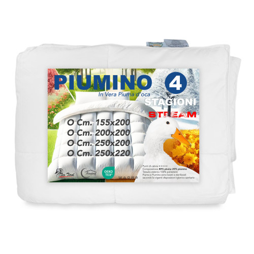 Piumino d’Oca Stream 4 Stagioni - Trapunta Letto Caldo Leggero - 80% Piuma, 20% Piumino - Singolo e Matrimoniale