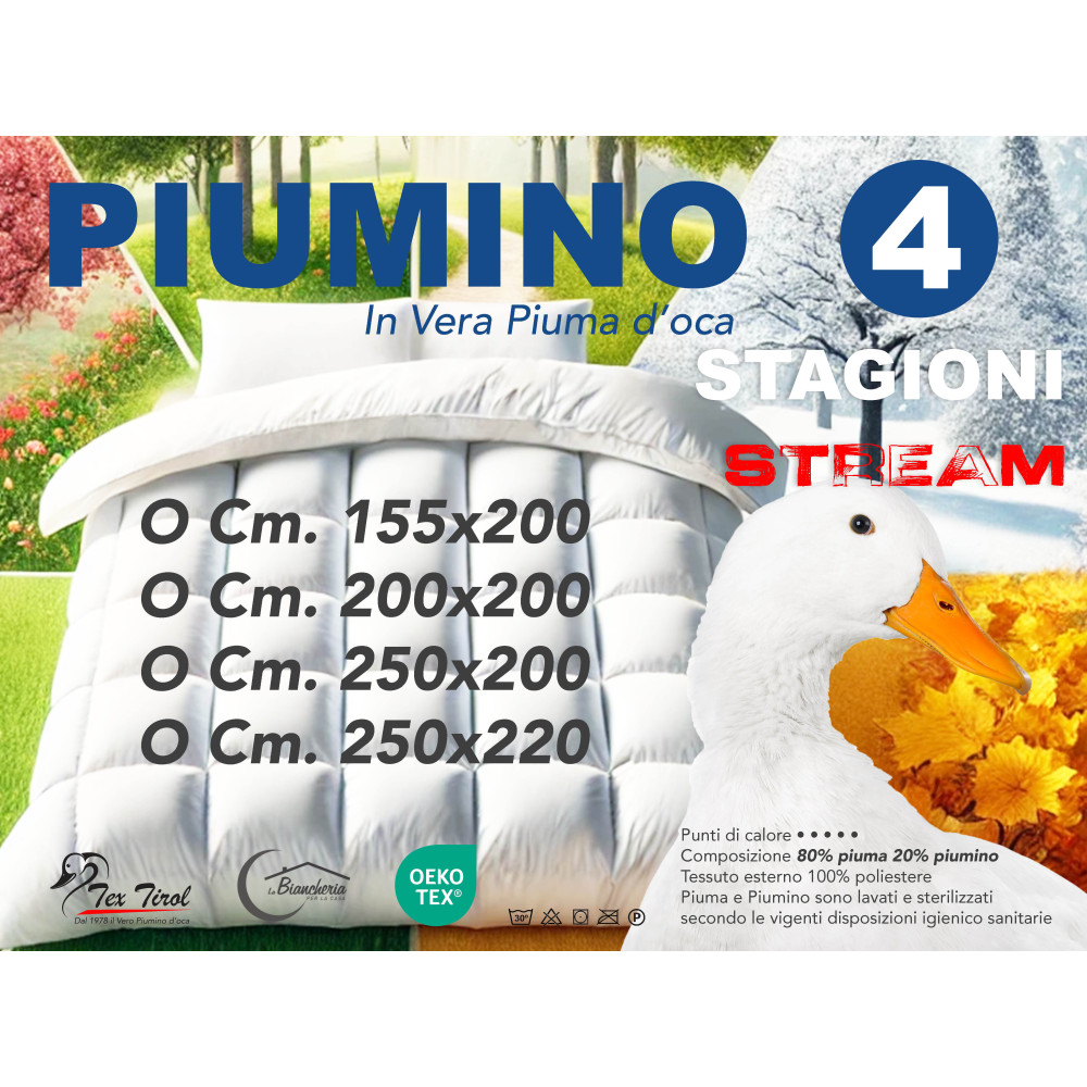 Piumino d’Oca Stream 4 Stagioni - Trapunta Letto Caldo Leggero - 80% Piuma, 20% Piumino - Singolo e Matrimoniale