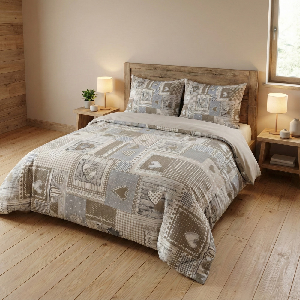 Tyrolean Duvet Cover Hearts "Aprica" Beige – 100% Handcrafted Cotton Made in Italy