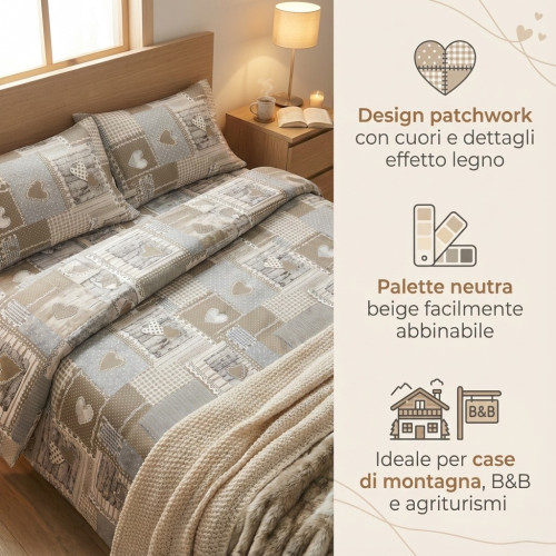 Tyrolean Duvet Cover Hearts "Aprica" Beige – 100% Handcrafted Cotton Made in Italy