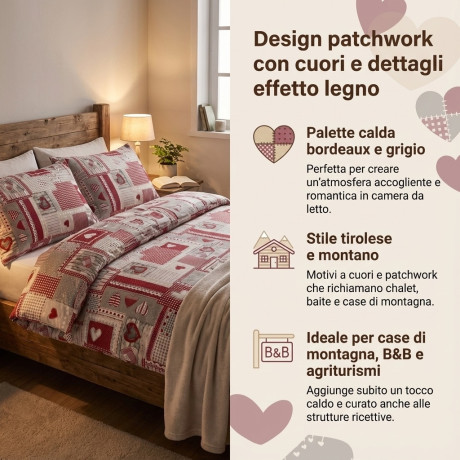 Tyrolean Duvet Cover Hearts "Aprica" Bordeaux – 100% Handmade Cotton Made in Italy