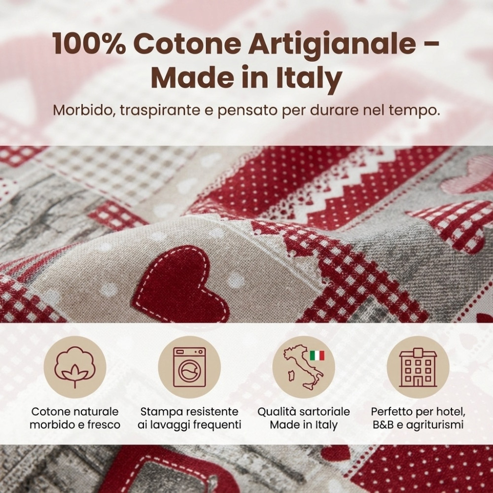 Funda nórdica tirolesa Hearts "Aprica" Burdeos – 100% algodón hecho a mano Made in Italy