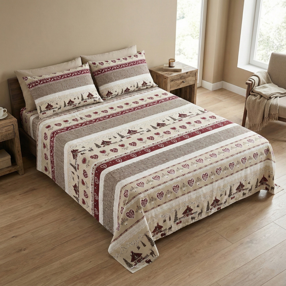 Valbadia Tiroler Bettwäsche-Set – 100 % Baumwolle hergestellt in Italien – Bergstil Hirsche und Hütten