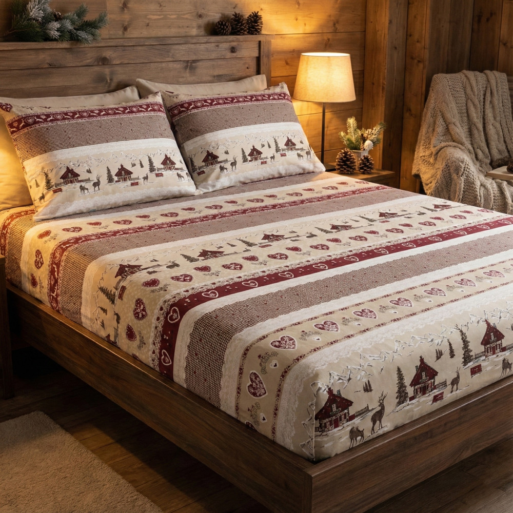 Valbadia Tiroler Bettwäsche-Set – 100 % Baumwolle hergestellt in Italien – Bergstil Hirsche und Hütten