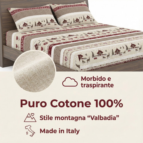 Valbadia Tiroler Bettwäsche-Set – 100 % Baumwolle hergestellt in Italien – Bergstil Hirsche und Hütten