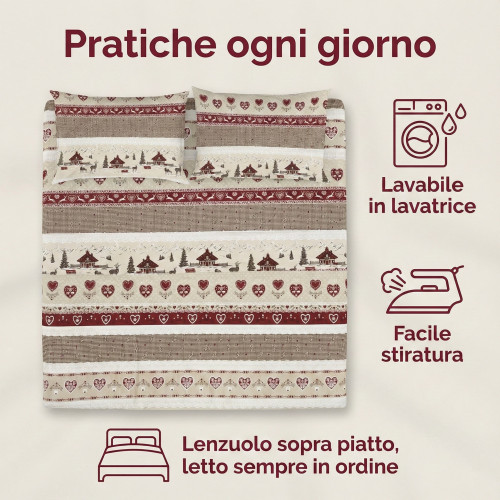 Completo Lenzuola Tirolese Valbadia - 100% Cotone Made in Italy - Stile Montagna Cervi e Baite