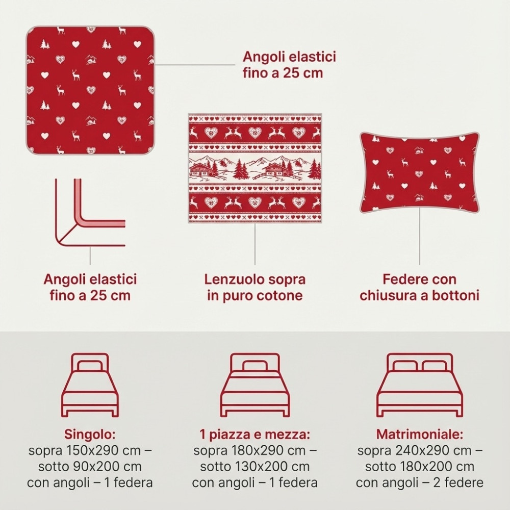Red Tyrolean Sheets Set Chalet - 100% Cotton Made in Italy - Hearts Deer Mountain Huts