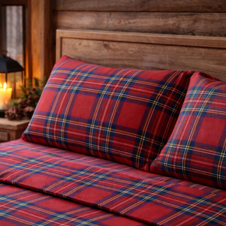 Set de draps Red Tartan Scottish - Ensemble de lit d’hiver 100 % coton naturel - chaud, respirant, fabriqué en Italie
