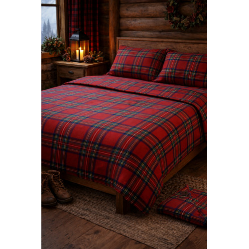 Completo Lenzuola Scozzese Tartan Rosso - Set Letto Invernale 100% Cotone Naturale - Caldo, Traspirante, Made in Italy